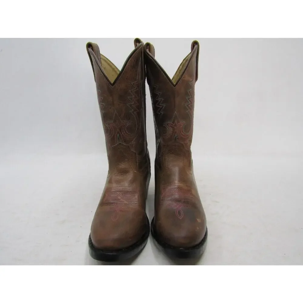 Smoky Mountain Youth Sz 2 R Brown Leather Pink Blue Stitching Cowboy Boots